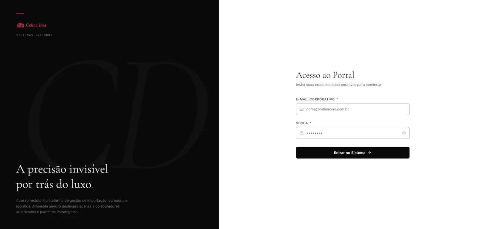 Tela de login do portal com a identidade da Celina Dias