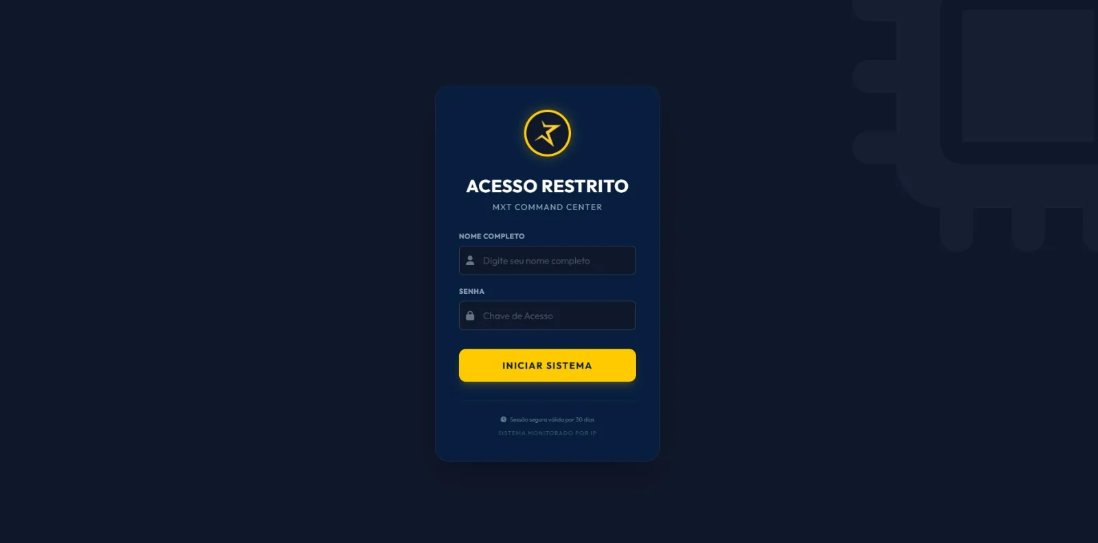 Tela de login do MXT Command Center